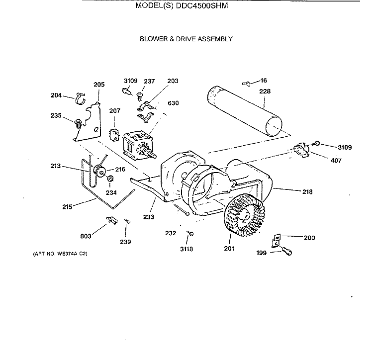 BLOWER & DRIVE ASSEMBLY Diagram and Parts List for DDC4500SHM  General Electric Dryer