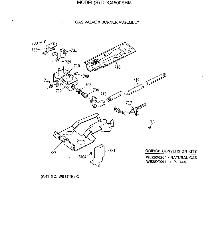 GAS VALVE & BURNER ASSEMBLY Diagram and Parts List for DDC4500SHM  General Electric Dryer