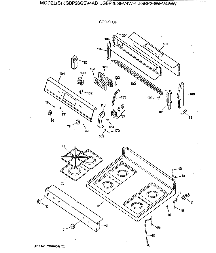 COOKTOP Diagram and Parts List for JGBP26GEV4AD  General Electric Range