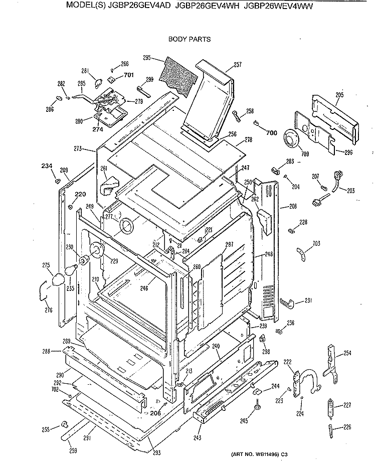 BODY PARTS Diagram and Parts List for JGBP26GEV4AD  General Electric Range