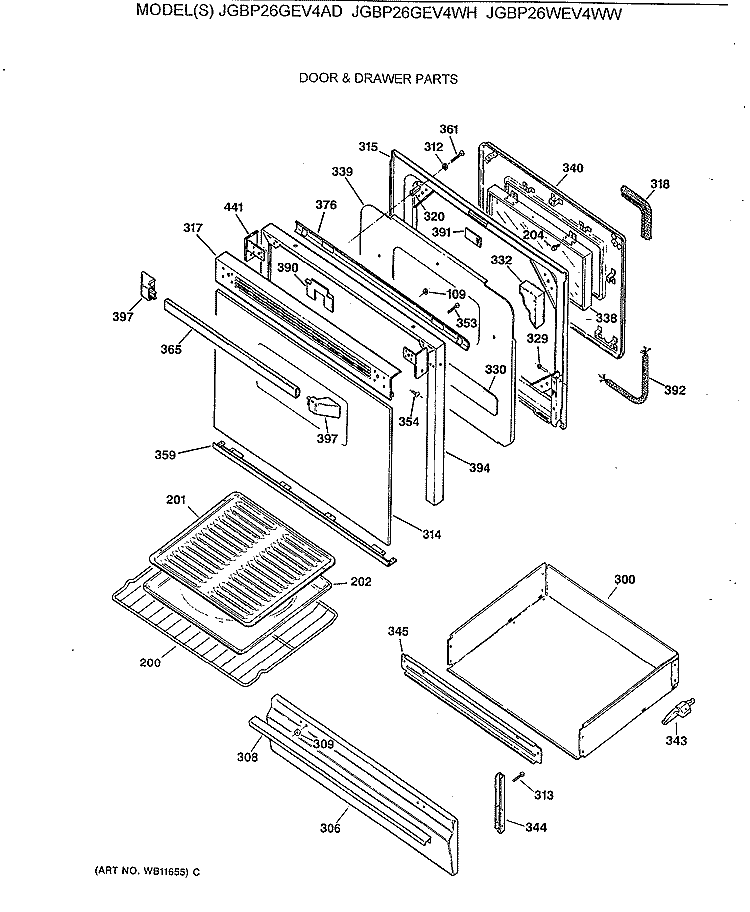 DOOR & DRAWER PARTS Diagram and Parts List for JGBP26GEV4AD  General Electric Range
