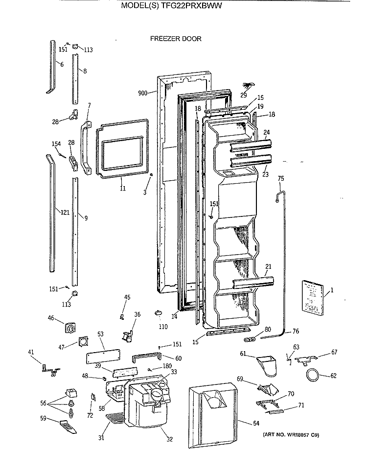 FREEZER DOOR Diagram and Parts List for TFG22PRXBWW  General Electric Refrigerator