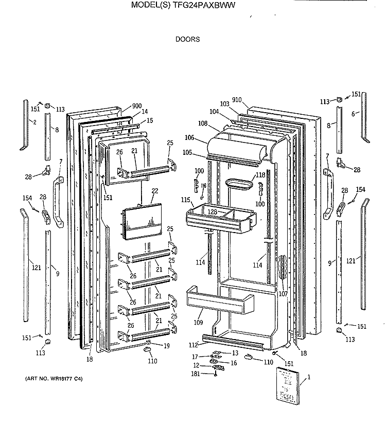 DOORS Diagram and Parts List for TFG24PAXBWW  General Electric Refrigerator
