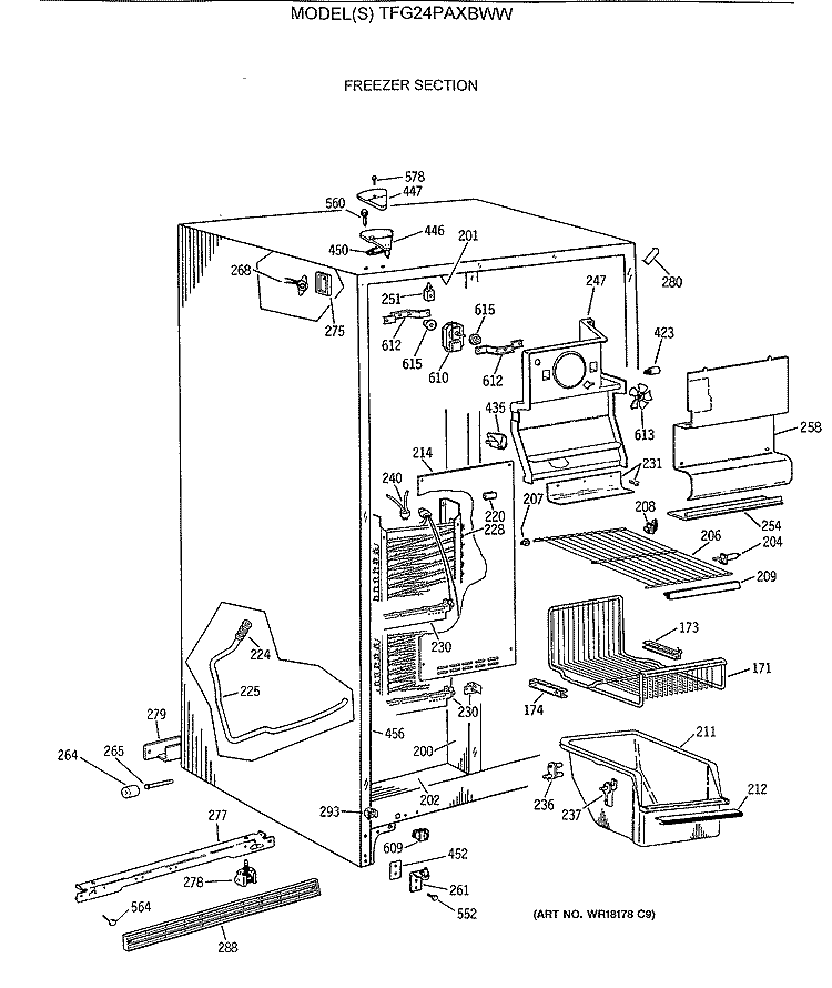 FREEZER SECTION Diagram and Parts List for TFG24PAXBWW  General Electric Refrigerator