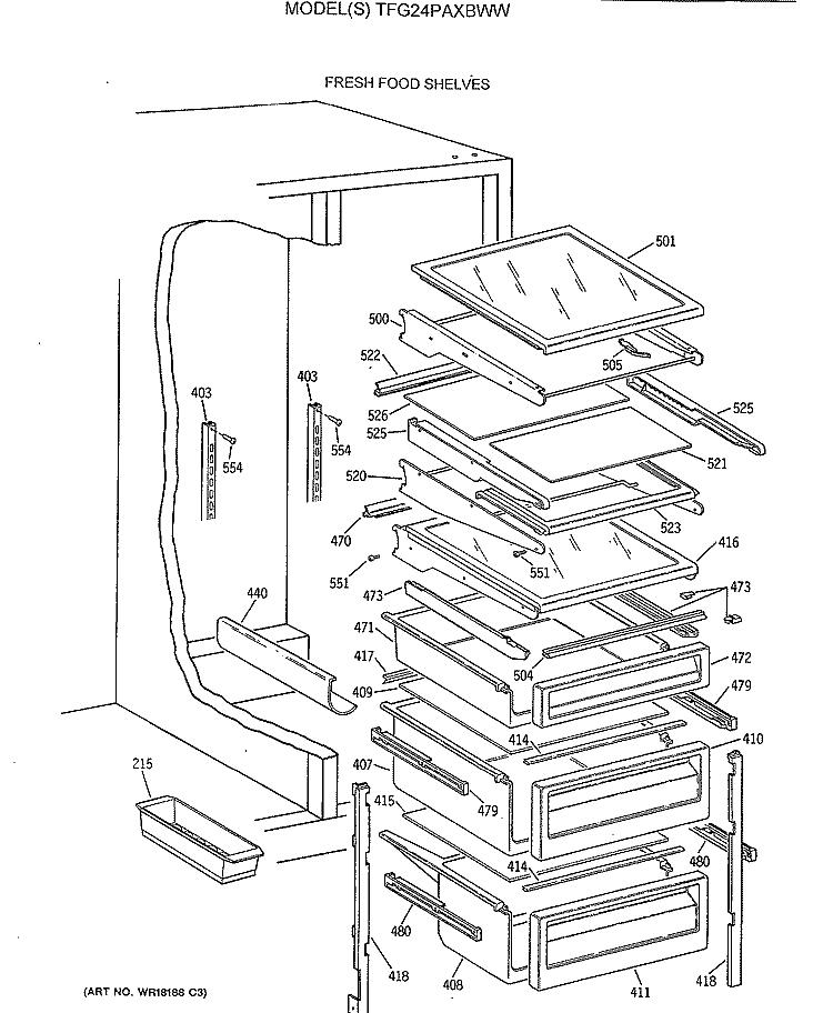 FRESH FOOD SHELVES Diagram and Parts List for TFG24PAXBWW  General Electric Refrigerator