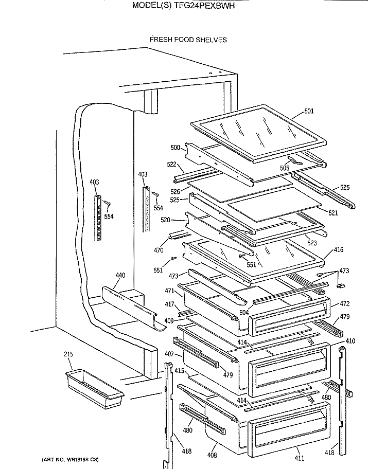 FRESH FOOD SHELVES Diagram and Parts List for TFG24PEXBWH  General Electric Refrigerator
