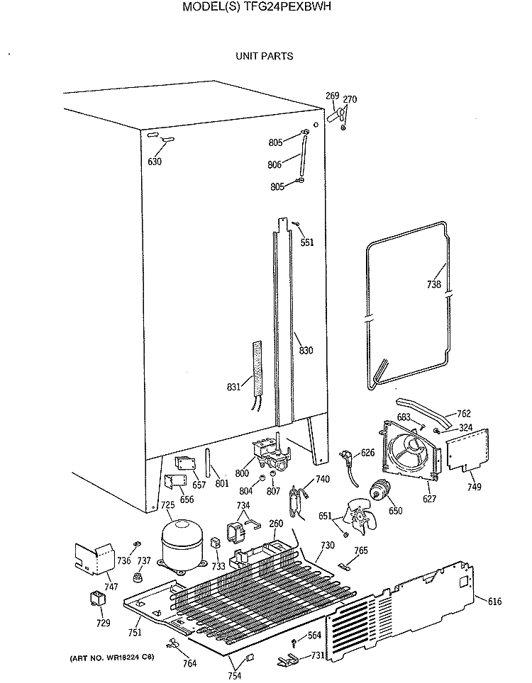 UNIT PARTS Diagram and Parts List for TFG24PEXBWH  General Electric Refrigerator