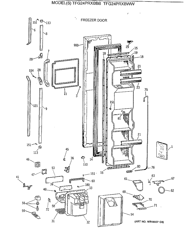 FREEZER DOOR Diagram and Parts List for TFG24PRXBBB  General Electric Refrigerator
