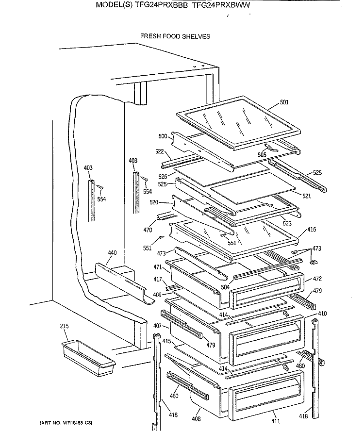 FRESH FOOD SHELVES Diagram and Parts List for TFG24PRXBBB  General Electric Refrigerator