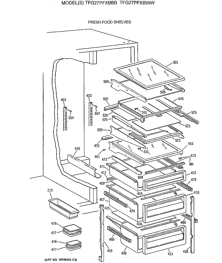 FRESH FOOD SHELVES Diagram and Parts List for TFG27PFXBBB  General Electric Refrigerator