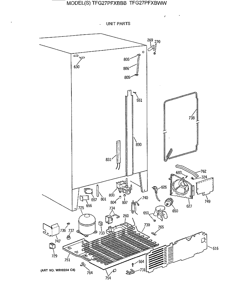 UNIT PARTS Diagram and Parts List for TFG27PFXBBB  General Electric Refrigerator