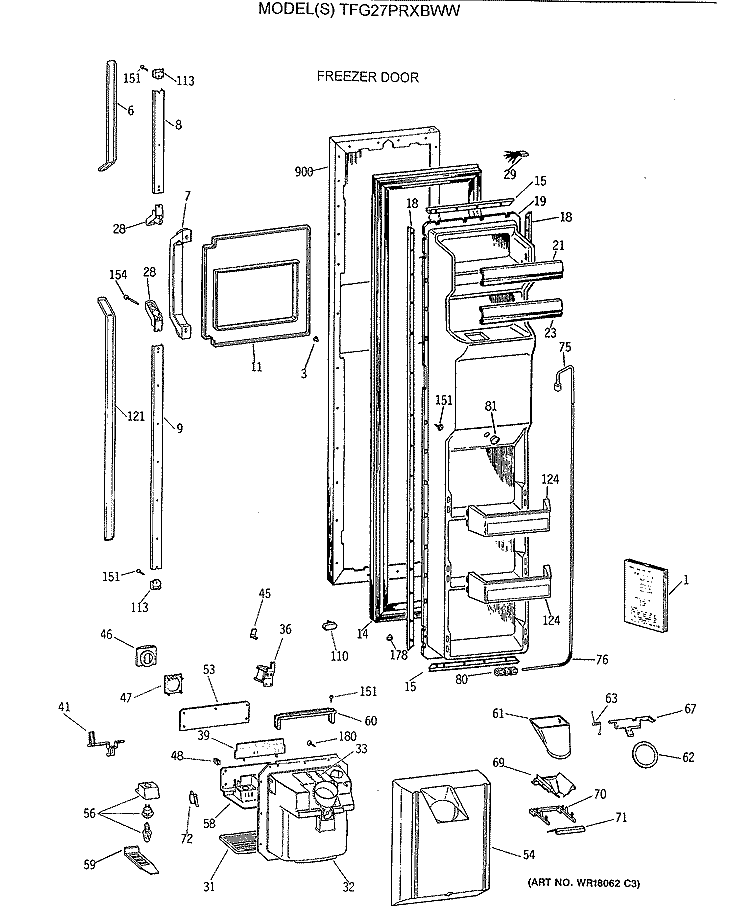FREEZER DOOR Diagram and Parts List for TFG27PRXBWW  General Electric Refrigerator