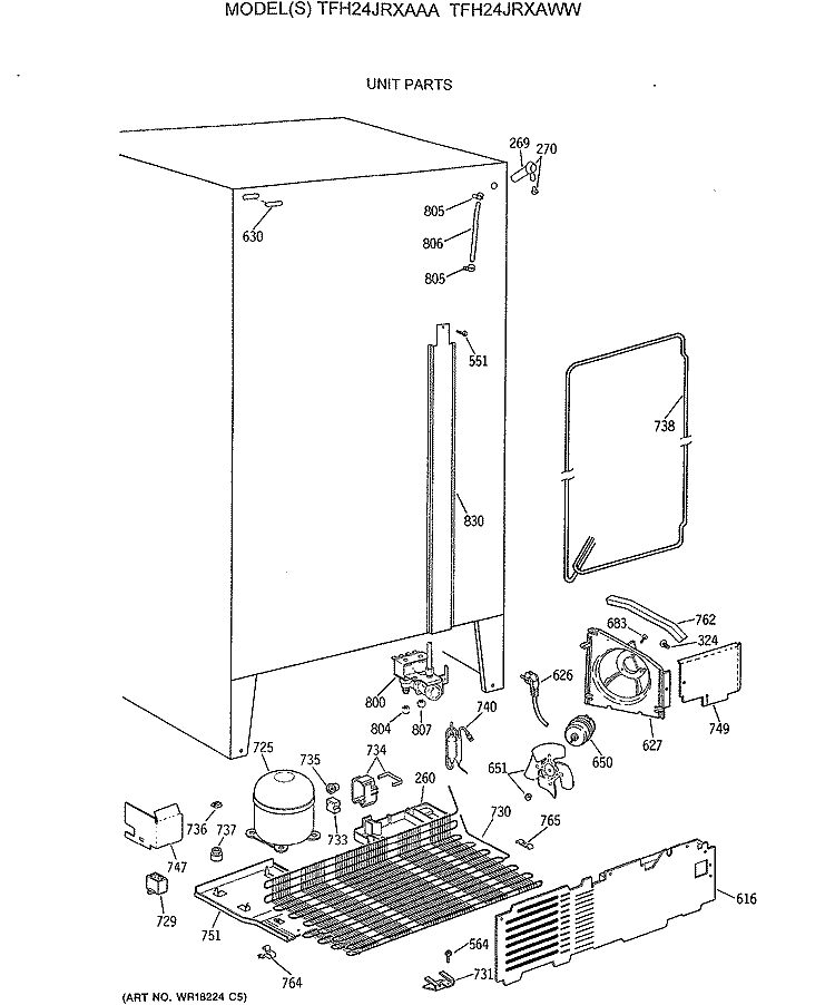 UNIT PARTS Diagram and Parts List for TFH24JRXAAA  General Electric Refrigerator