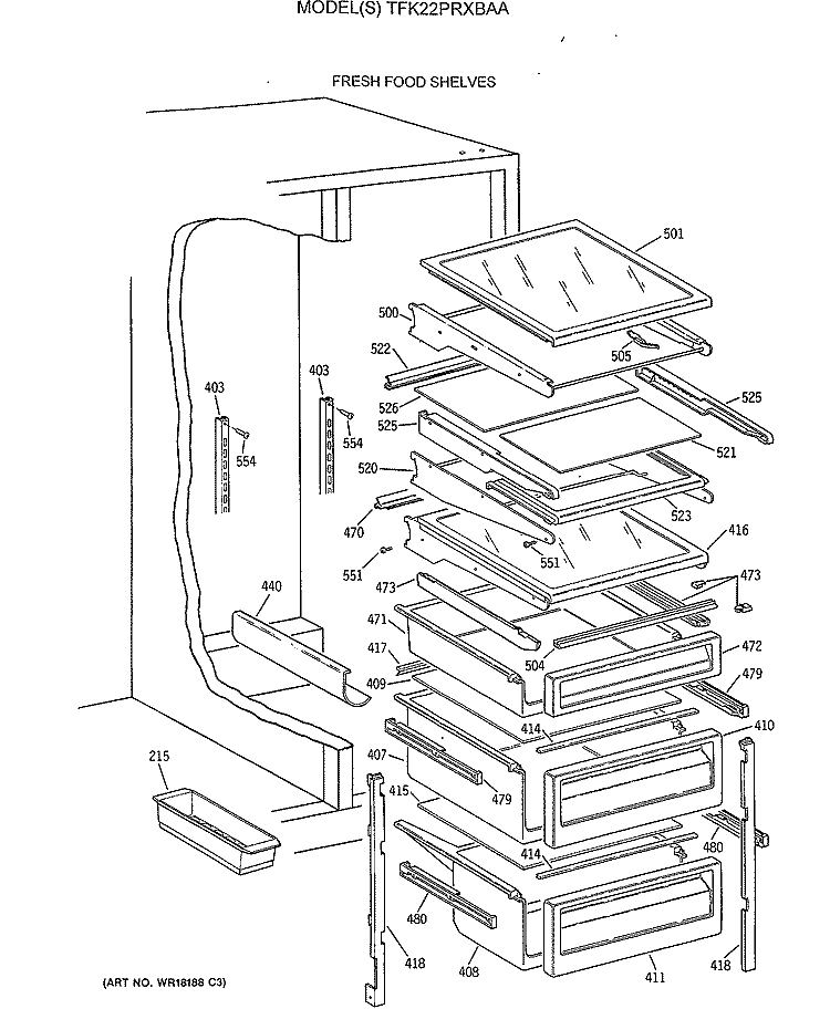 FRESH FOOD SHELVES Diagram and Parts List for TFK22PRXBAA  General Electric Refrigerator