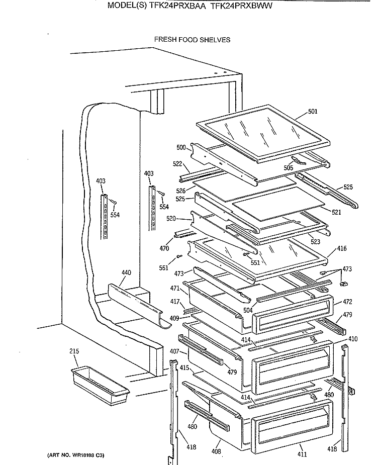 FRESH FOOD SHELVES Diagram and Parts List for TFK24PRXBAA  General Electric Refrigerator