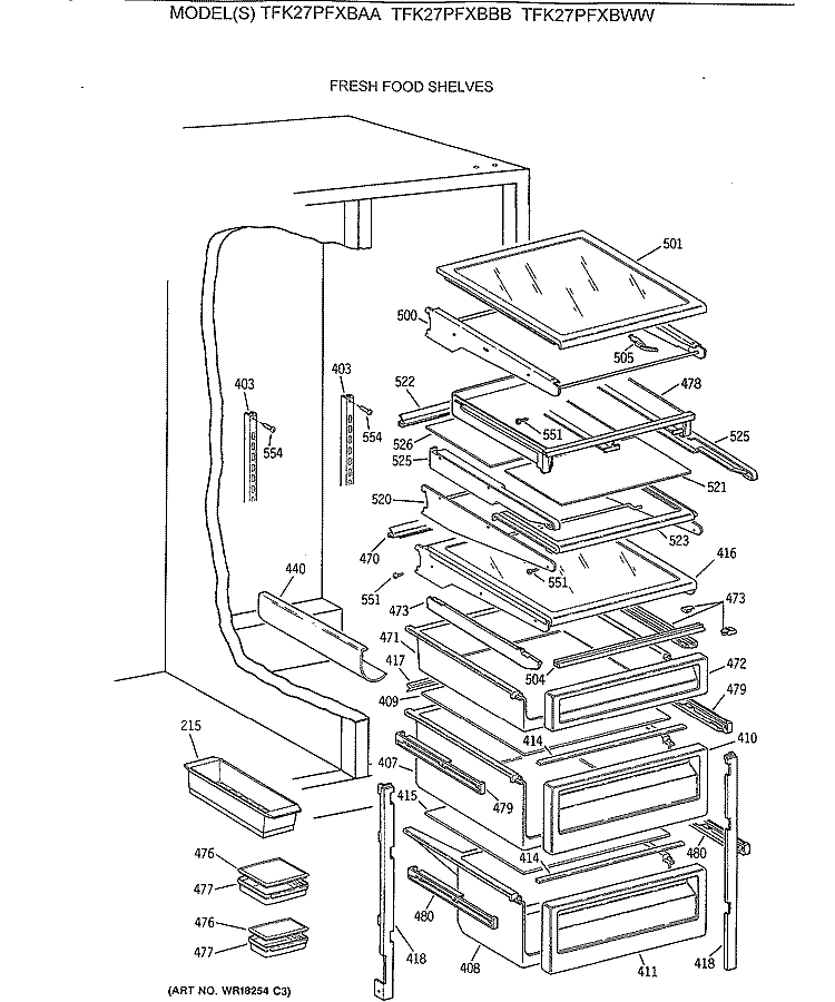 FRESH FOOD SHELVES Diagram and Parts List for TFK27PFXBBB  General Electric Refrigerator