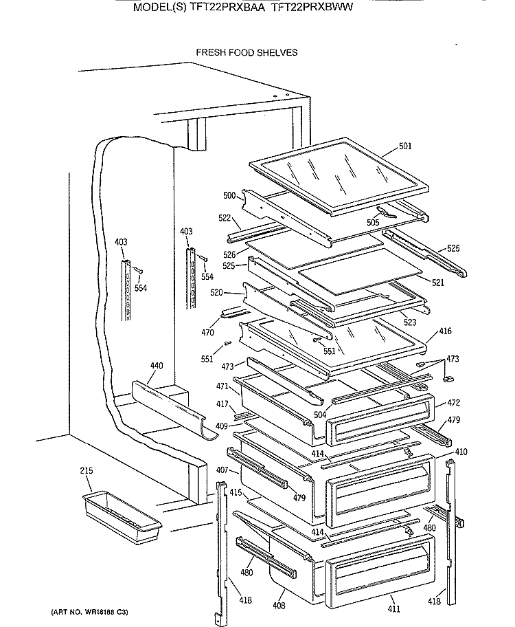 FRESH FOOD SHELVES Diagram and Parts List for TFT22PRXBAA  General Electric Refrigerator