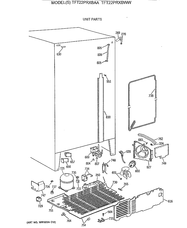 UNIT PARTS Diagram and Parts List for TFT22PRXBAA  General Electric Refrigerator