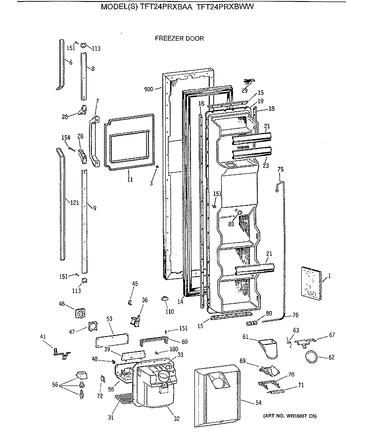 FREEZER DOOR Diagram and Parts List for TFT24PRXBAA  General Electric Refrigerator