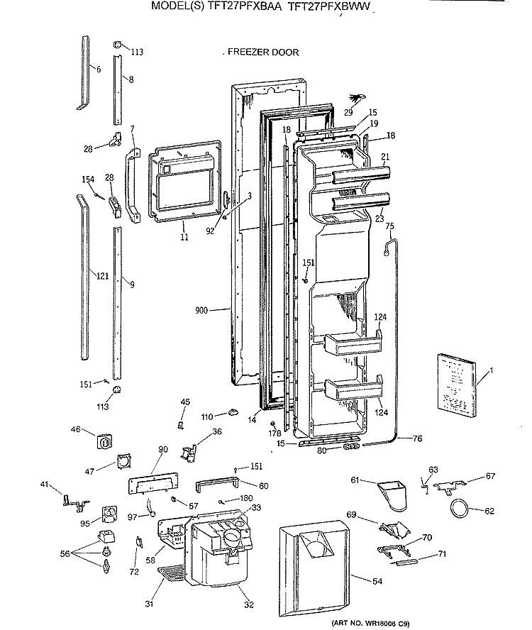 FREEZER DOOR Diagram and Parts List for TFT27PFXBWW  General Electric Refrigerator