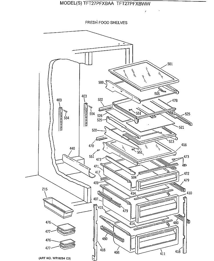 FRESH FOOD SHELVES Diagram and Parts List for TFT27PFXBWW  General Electric Refrigerator