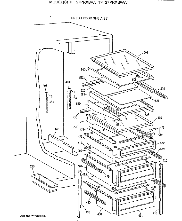 FRESH FOOD SHELVES Diagram and Parts List for TFT27PRXBAA  General Electric Refrigerator