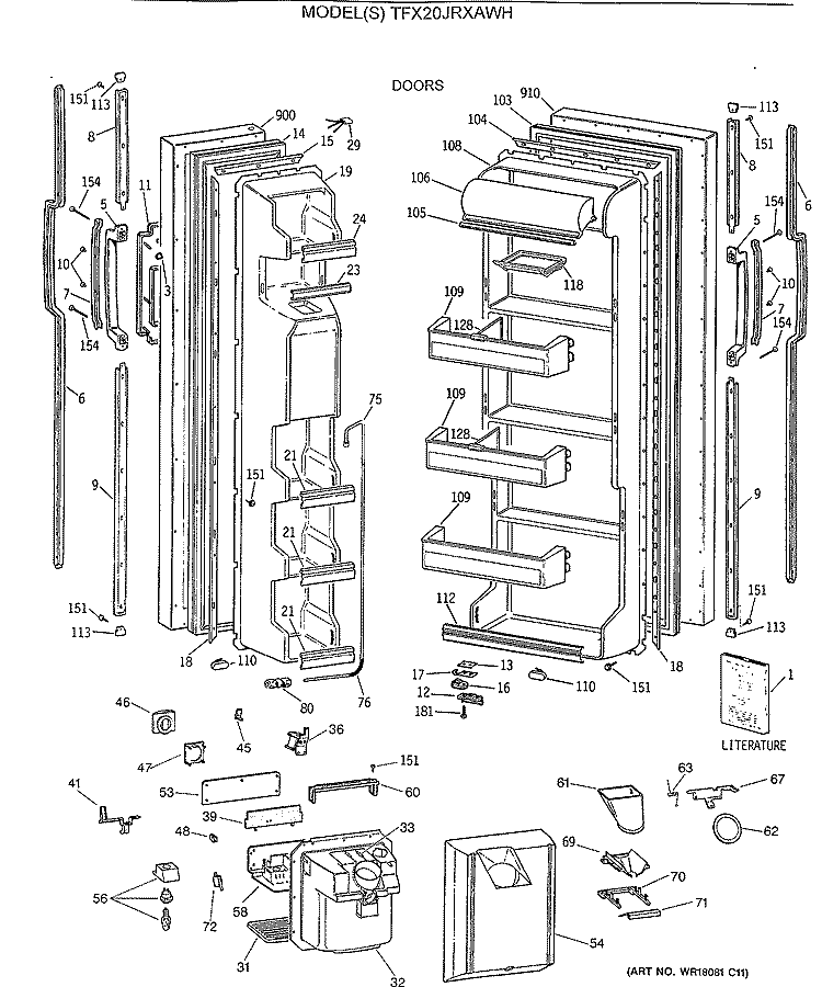DOORS Diagram and Parts List for TFX20JRXAWH  General Electric Refrigerator