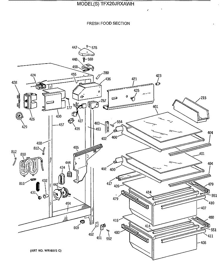 FRESH FOOD SECTION Diagram and Parts List for TFX20JRXAWH  General Electric Refrigerator