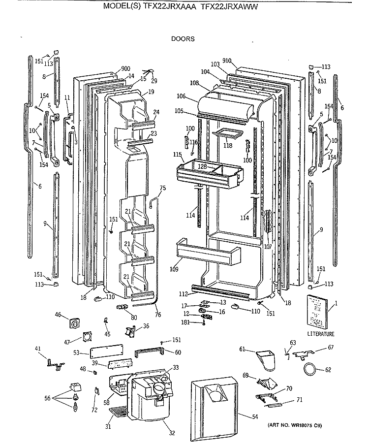 DOORS Diagram and Parts List for TFX22JRXAAA  General Electric Refrigerator