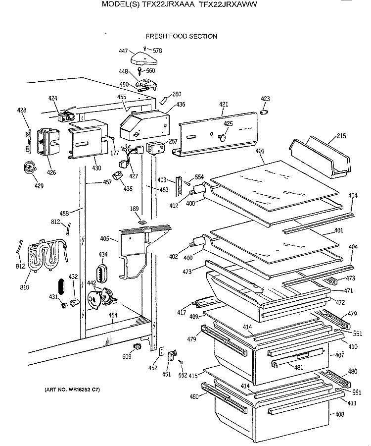 FRESH FOOD SECTION Diagram and Parts List for TFX22JRXAAA  General Electric Refrigerator