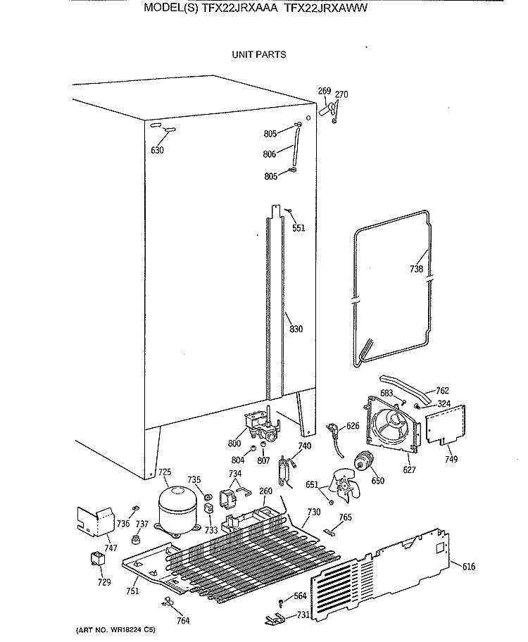 UNIT PARTS Diagram and Parts List for TFX22JRXAAA  General Electric Refrigerator