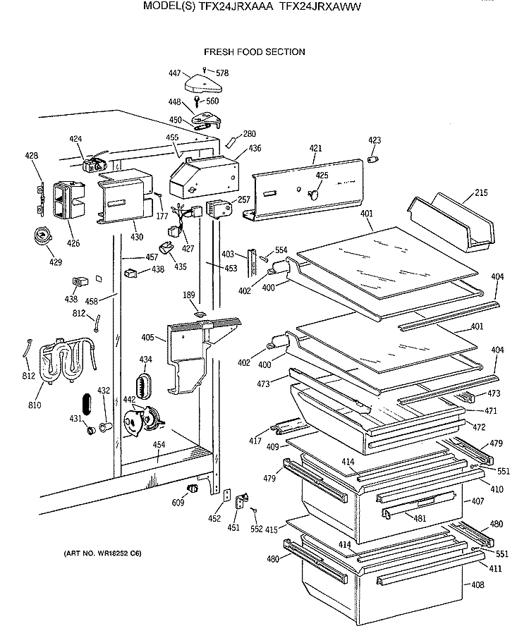 FRESH FOOD SECTION Diagram and Parts List for TFX24JRXAWW  General Electric Refrigerator