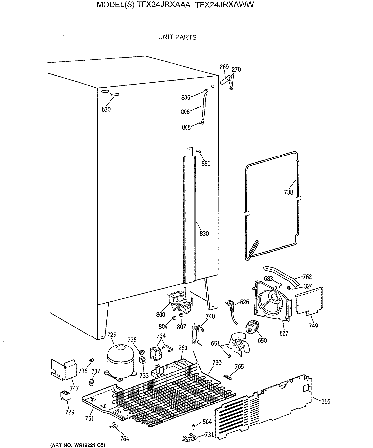 UNIT PARTS Diagram and Parts List for TFX24JRXAWW  General Electric Refrigerator