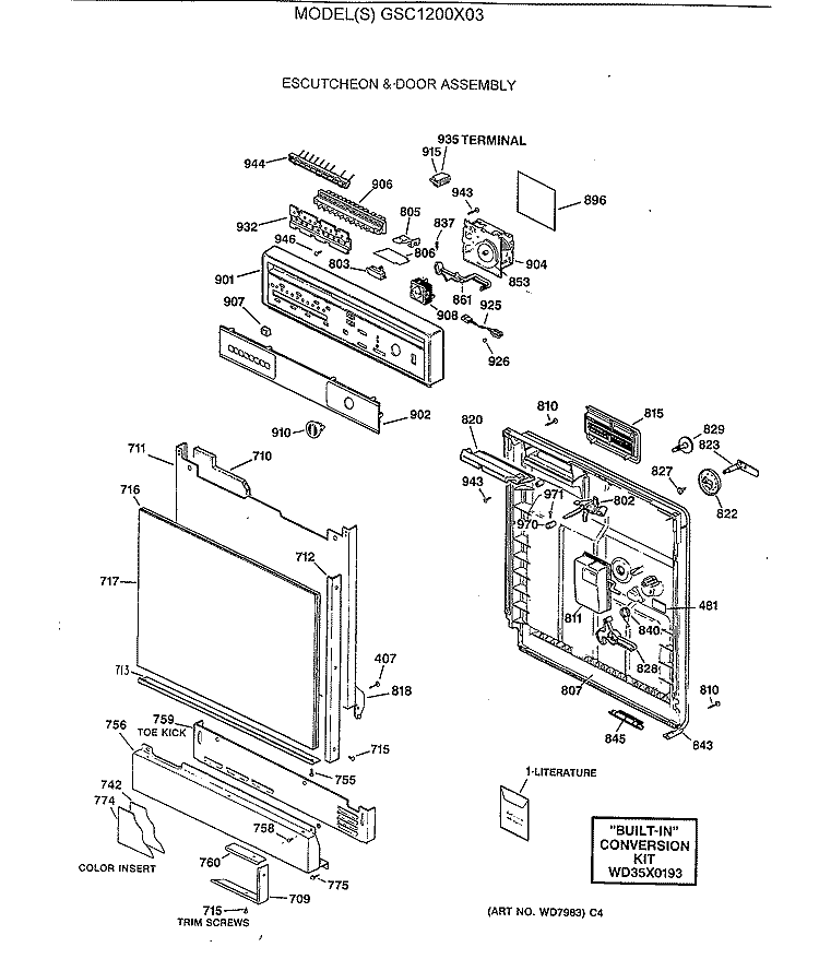 ESCUTCHEON & DOOR ASSEMBLY Diagram and Parts List for GSC1200X03  General Electric Dishwasher