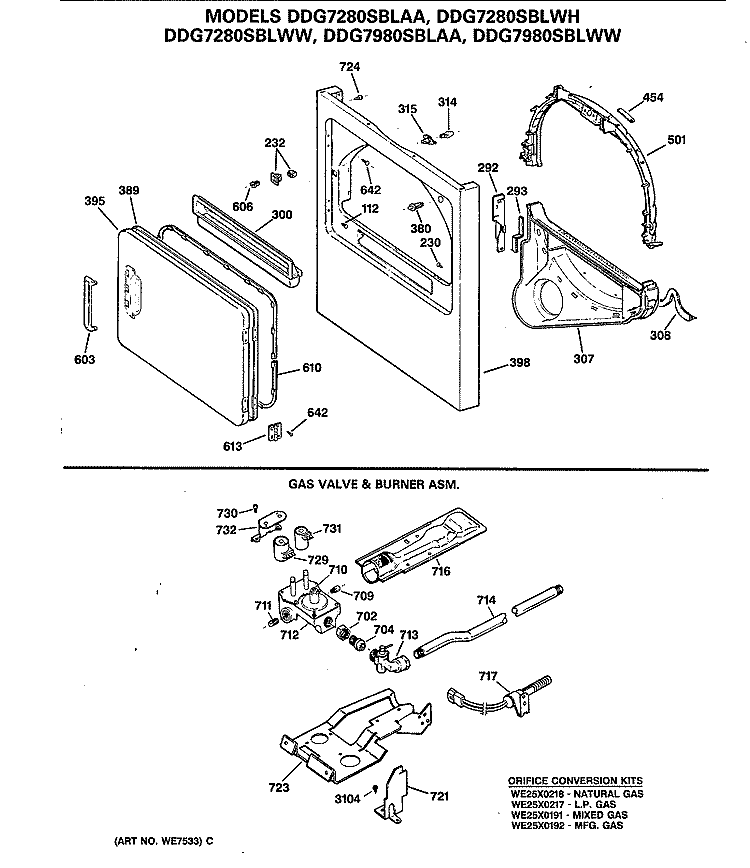 GAS VALVE & BURNER ASM. Diagram and Parts List for DDG7280SBLWH  General Electric Dryer
