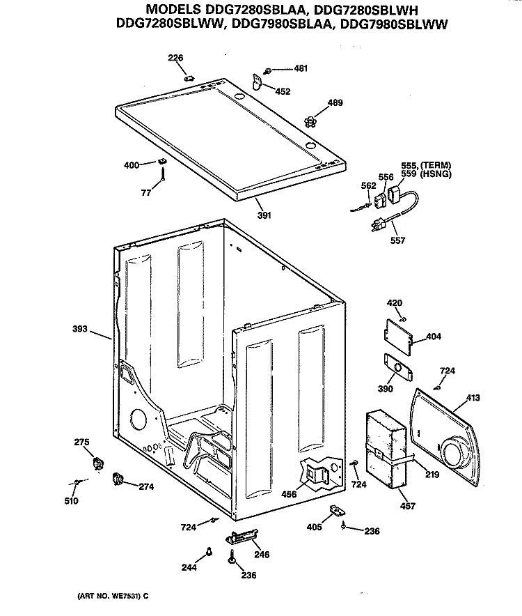 Section Diagram and Parts List for DDG7280SBLWH  General Electric Dryer