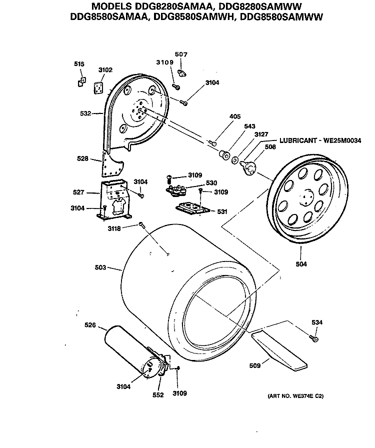 Section Diagram and Parts List for DDG8280SAMWW  General Electric Dryer