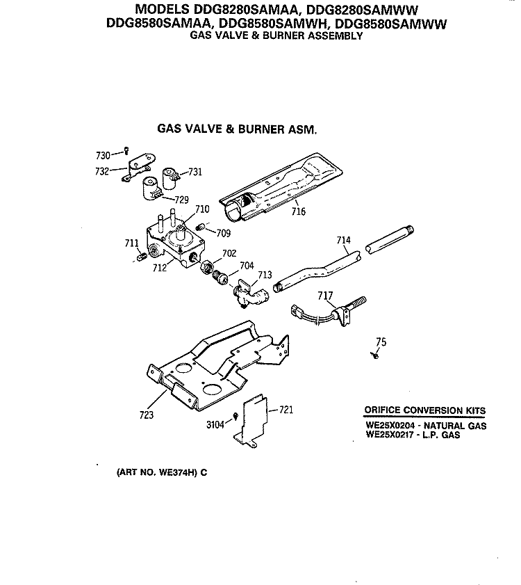 GAS VALVE & BURNER ASM. Diagram and Parts List for DDG8280SAMWW  General Electric Dryer