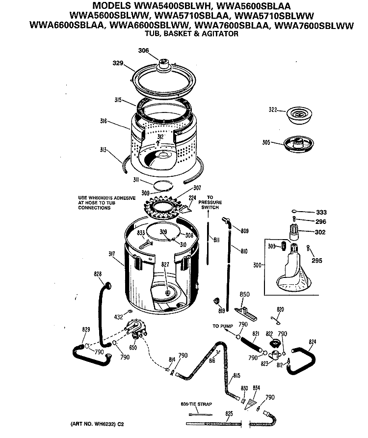 TUB, BASKET & AGITATOR Diagram and Parts List for WWA7600SBLAA  General Electric Washer