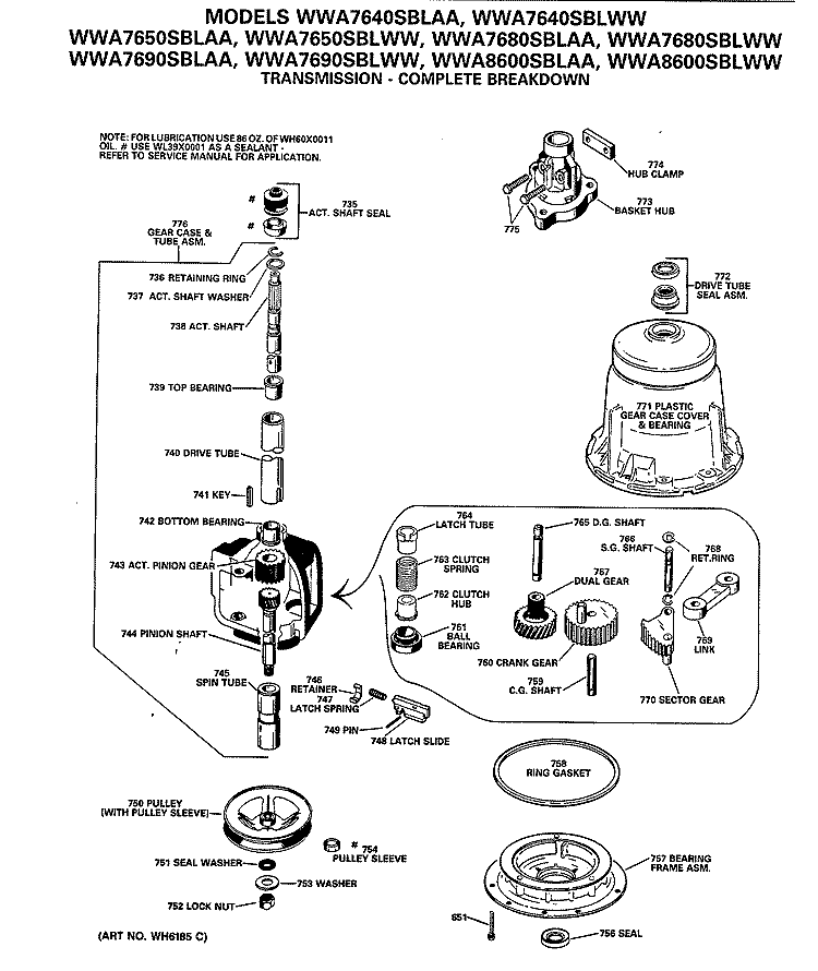 TRANSMISSION - COMPLETE BREAKDOWN Diagram and Parts List for WWA7640SBLAA  General Electric Washer