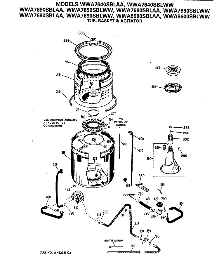 TUB, BASKET & AGITATOR Diagram and Parts List for WWA7640SBLAA  General Electric Washer