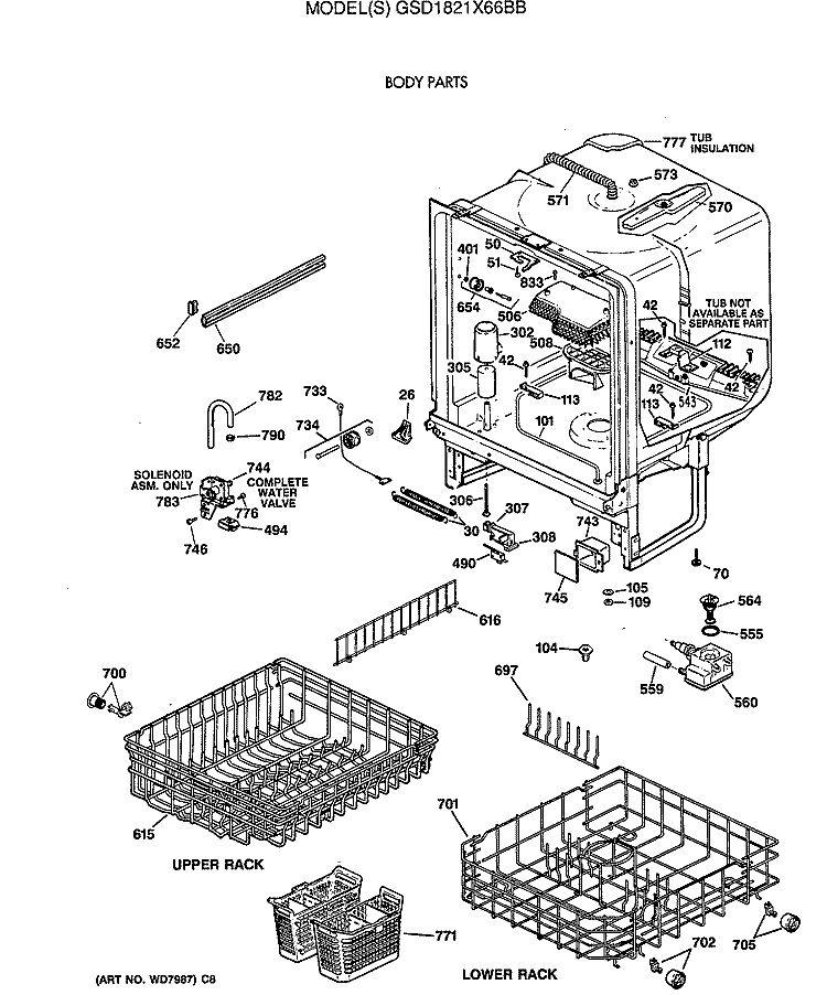 BODY PARTS Diagram and Parts List for GSD1821X66BB  General Electric Dishwasher