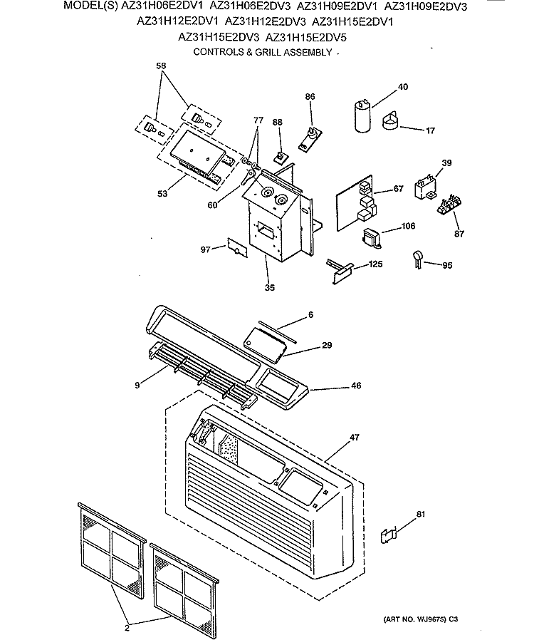 CONTROLS & GRILL ASSEMBLY Diagram and Parts List for AZ31H06E2DV3  General Electric Air Conditioner