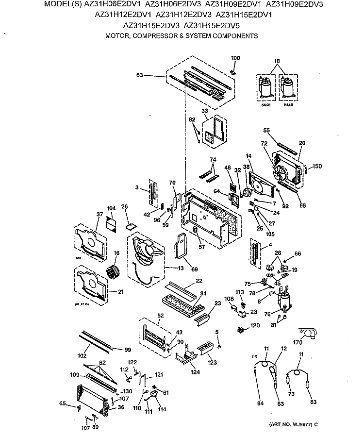 MOTOR, COMPRESSOR & SYSTEM COMPONENTS Diagram and Parts List for AZ31H06E2DV3  General Electric Air Conditioner