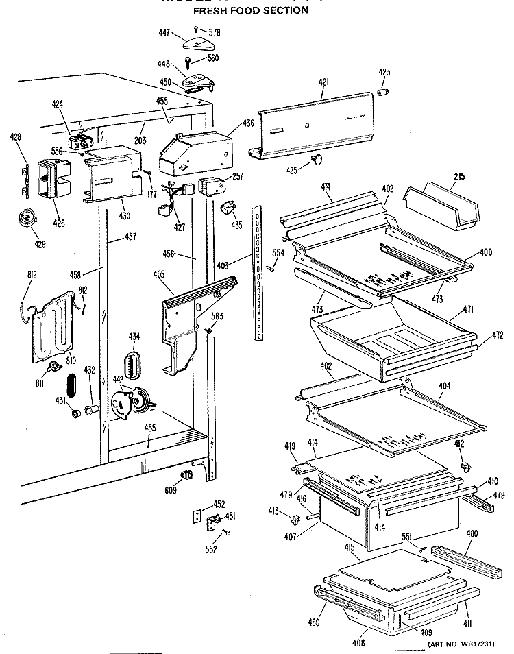FRESH FOOD SECTION Diagram and Parts List for TFX22RLE  General Electric Refrigerator