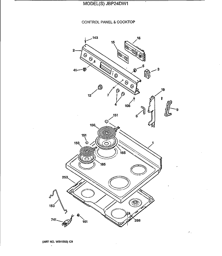 CONTROL PANEL & COOKTOP Diagram and Parts List for JBP24DW1  General Electric Range