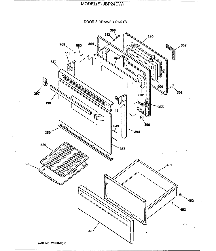 DOOR & DRAWER PARTS Diagram and Parts List for JBP24DW1  General Electric Range
