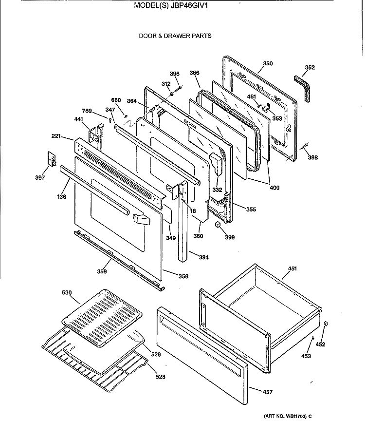 DOOR & DRAWER PARTS Diagram and Parts List for JBP46GIV1  General Electric Range