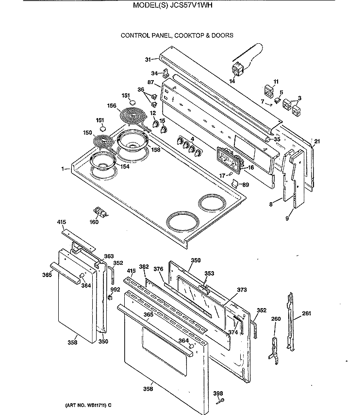 CONTROL PANEL, COOKTOP & DOORS Diagram and Parts List for JCS57V1WH  General Electric Range