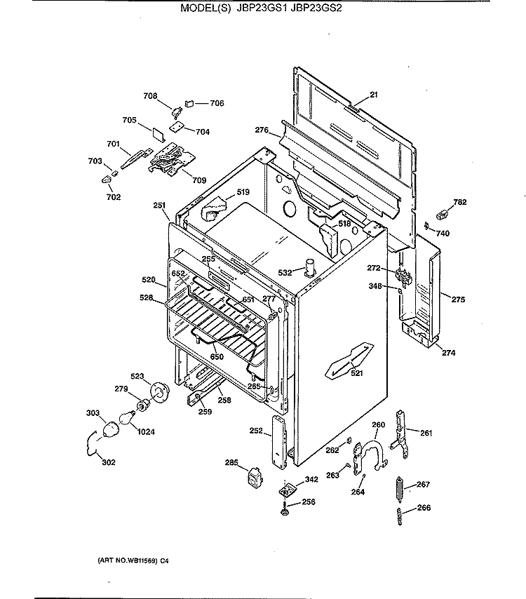 Section Diagram and Parts List for JBP23GS2  General Electric Range